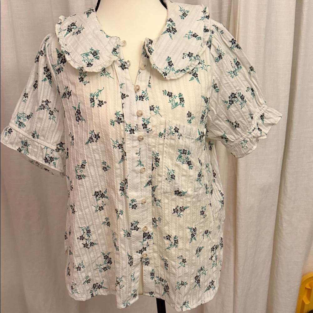 Pilcro White Floral Blouse with Blue Accents Anthropologie